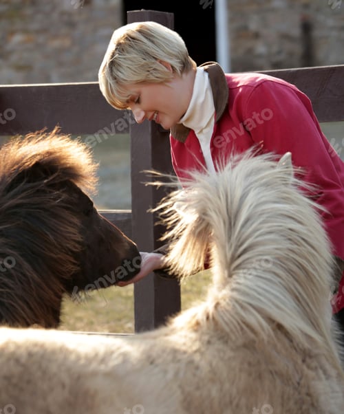 Preview: Mid adult woman outdoors, offering treats to ponies