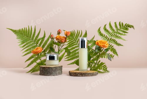 Preview: glass cosmetic bottles on a wooden podium surrounded by fern leaves and rose flowers