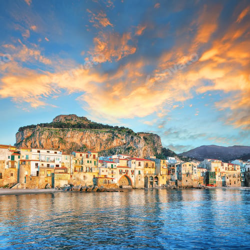 Preview: Picturesque evening cityscape of Cefalu city. Popular travel destination of Mediterranean sea.