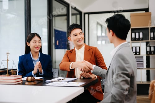 Preview: Man lawyer hand and women client shaking hand collaborate on working