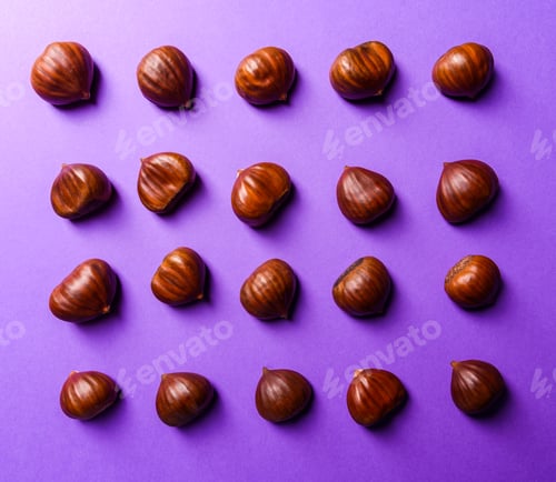 Preview: Ripe chestnuts close up. Raw Chestnuts for Christmas. Fresh sweet chestnut. Food on violet