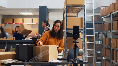 Preview: Young owner doing teleshopping ad for internet promotion