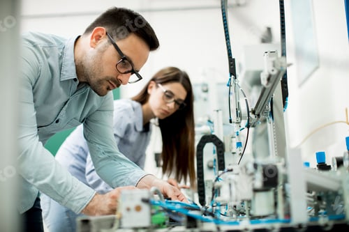 Preview: Young couple of students at robotics lab