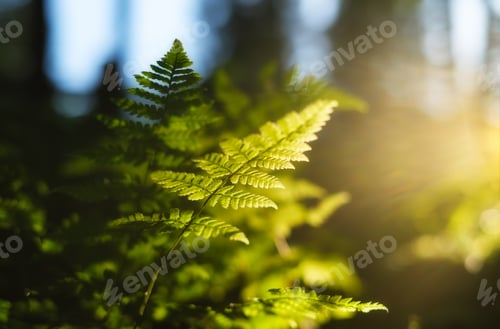 Preview: Plants in the forest as a background. Forest landscape in detail. Sunlight through plants.