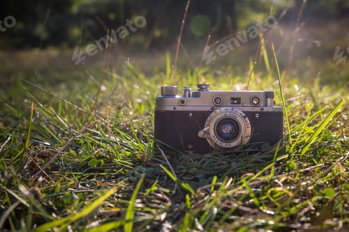 Preview: Vintage camera on grass background