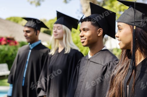 Preview: Graduating students outdoors in caps and gowns, celebrating academic achievement smiling