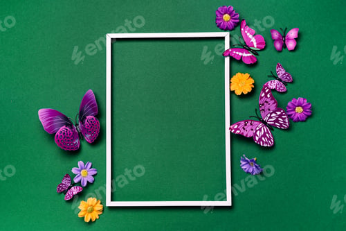 Preview: Mock up frame with violet butterflies on green