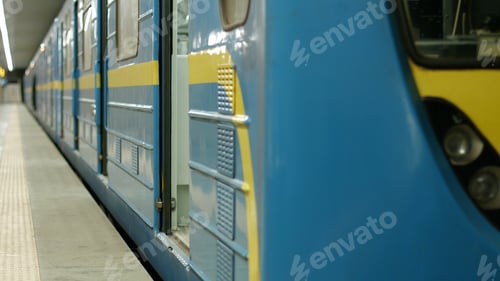 Preview: Blue subway train close up.
