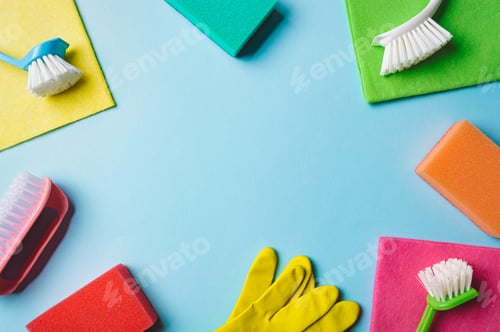 Preview: House cleaning product on blue background, copy space