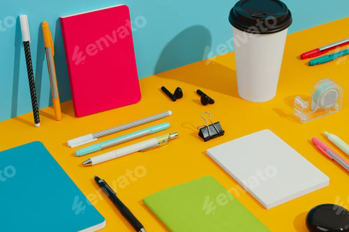Preview: Colorful Notepads, Pens and Paper Cup on Orange Table