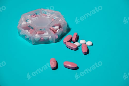 Preview: Organizer weekly shots on blue background with Copy space for your text. Closeup of medical pill box