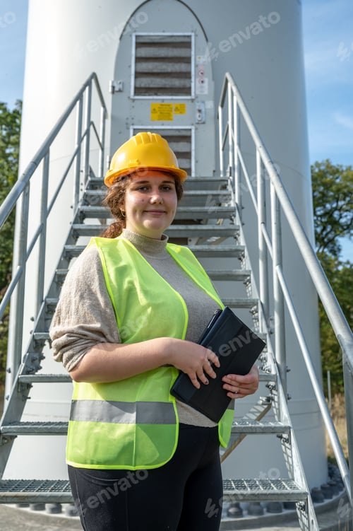 Preview: Female construction worker is standing on a metal staircase