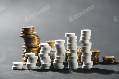 Preview: selective focus of arranged stacks made of white pills and coins on grey