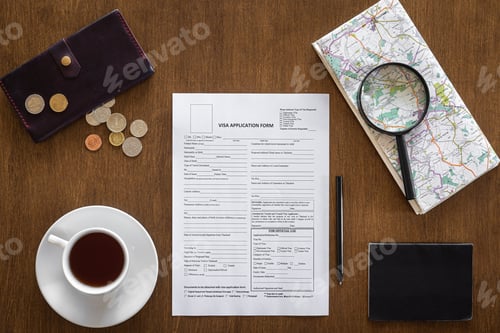 Preview: Visa application form on a wooden table, visa processing, registration, flat lay