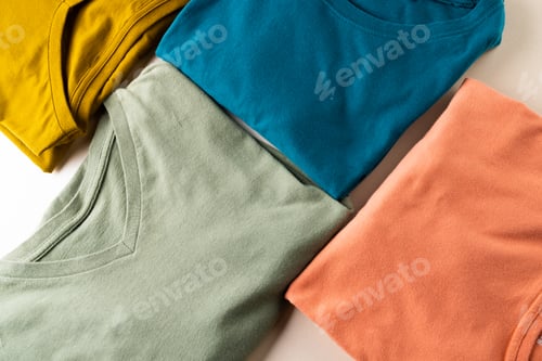 Preview: Close up of coloured tshirts and copy space on white background