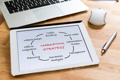Visualização: Mesa de escritório de negócios com mesa pc apresentando o conceito de estratégia de marketing