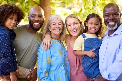 Preview: Portrait Of Multi-Generation Family Standing In Garden Smiling At Camera