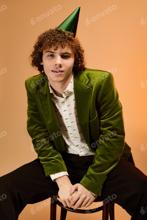 Preview: Curly teenage boy in green velvet blazer celebrating in a vibrant studio space