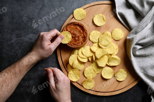Preview: Person eating tortilla chips with salsa