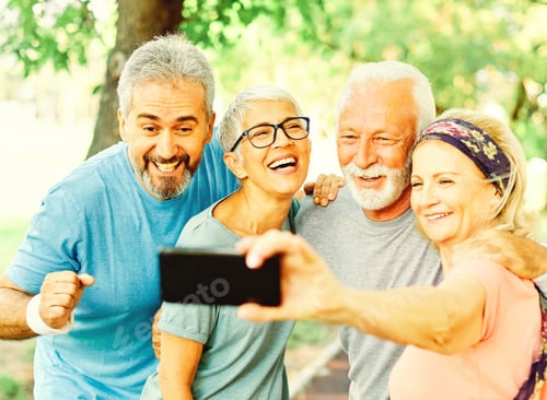 Preview: outdoor senior fitness woman man lifestyle active sport exercise healthy fit retirement selfie