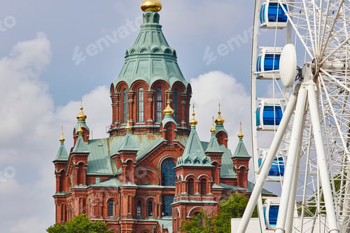 Preview: Helsinki skyline city center. Big wheel and Uspenki cathedral. Finland