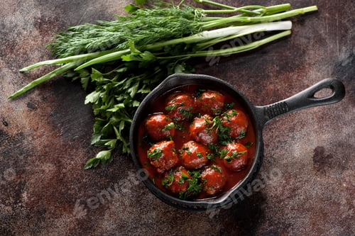 Preview: Meatballs in a pan on the old kitchen table