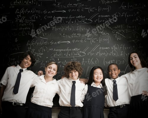 Preview: A cheerful group of schoolchildren in front of a chalkboard filled with mathematical equations.