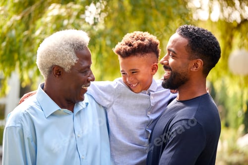 Preview: Smiling Multi-Generation Male Family At Home In Garden Together