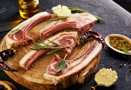 Preview: Raw lamb ribs with ingredients for cooking: salt, pepper, olive oil and herbs on a wooden stand