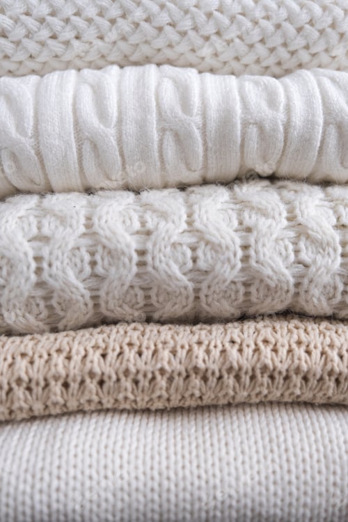 Preview: Warm cozy clothes with different knitted patterns close-up. Autumn or winter background.