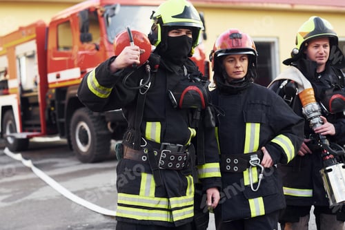Preview: Group of firefighters in protective uniform that is on station