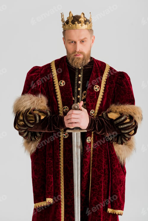 Preview: serious king with crown holding sword isolated on grey