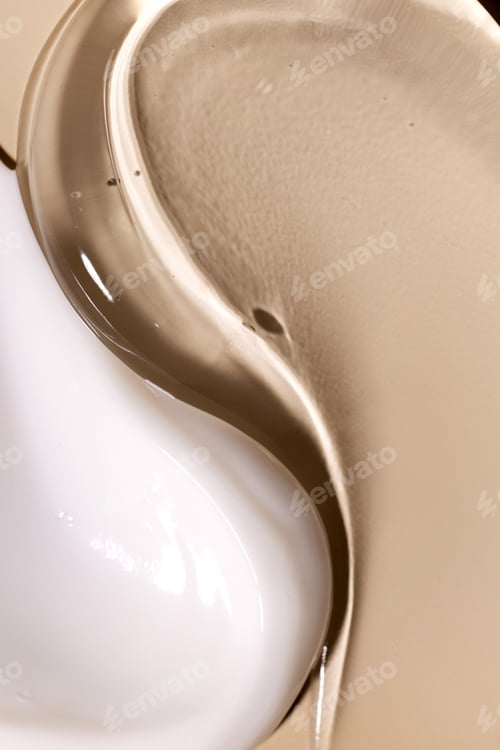 Preview: samples of cosmetic care products smear of cream gel texture close up on a beige background