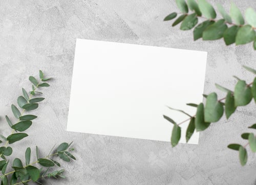 Preview: Blank white sheet of paper on a concrete background with eucalyptus leaves. Top view, flat lay