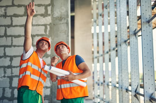 Preview: Attentive Young Builder Showing The Construction To His Experienced Colleague And Pointing His Hand