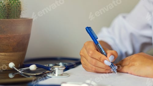 Preview: Young therapist filling medical checklist sitting at the desk. Health care and insurance concept