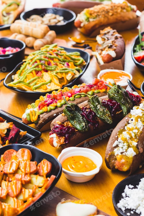Preview: Served snacks and dishes on table