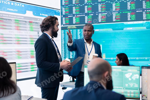 Preview: Pleased general director and investor showing statistics data to the team