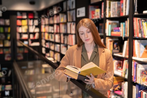 Preview: Young serious female with open book reading it in library