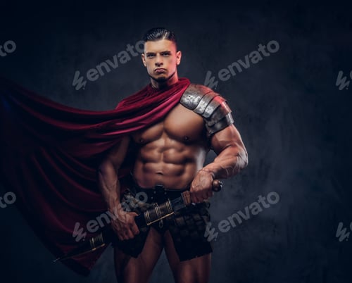 Preview: Brutal ancient Greece warrior with a muscular body in battle uniforms