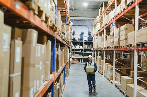 Joven trabajando en un almacén con cajas