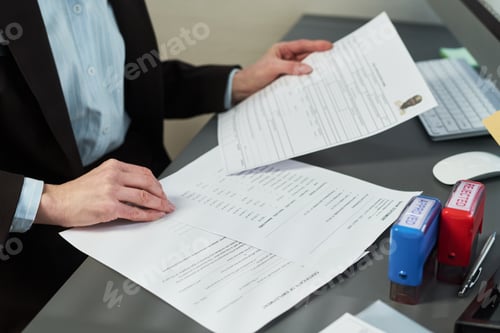 Preview: Woman Reviewing Visa Application Documents at Visa Center Desk