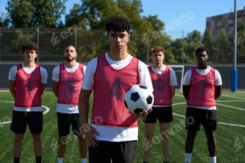 Preview: Diverse soccer team confidently posing on grass field