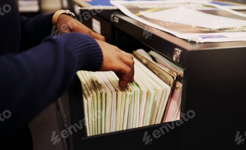 Preview: File cabinet, legal documents and person hands with management of tax report at office. Accountant,