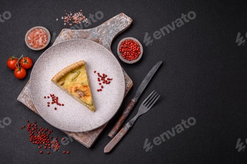 Preview: Delicious crispy quiche cut into slices with cheese, broccoli, tomatoes