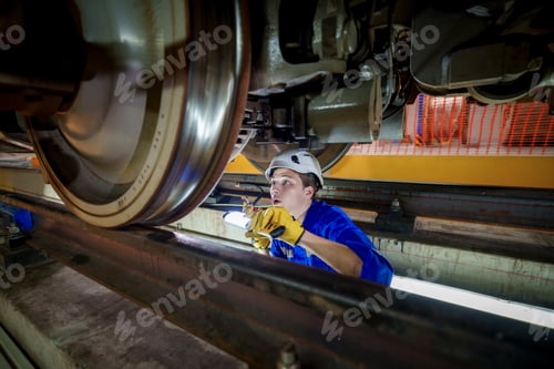Preview: Technician inspecting train wheels in a maintenance facility at night