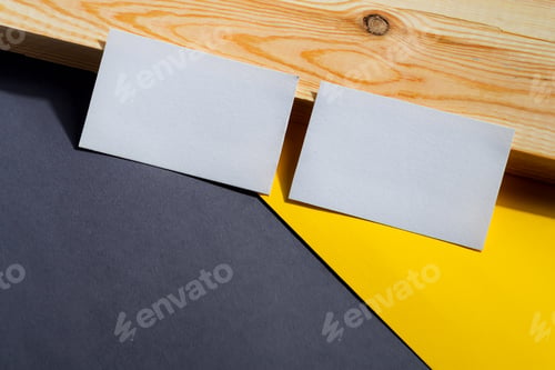 Preview: blank business cards on duotone and wooden background, good for texte and logo