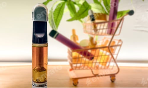 Preview: HHC CBD or THC vape cartridge and trolley with various Cannabis products