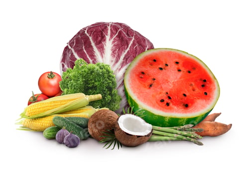 Preview: Fresh fruits and vegetables on green background
