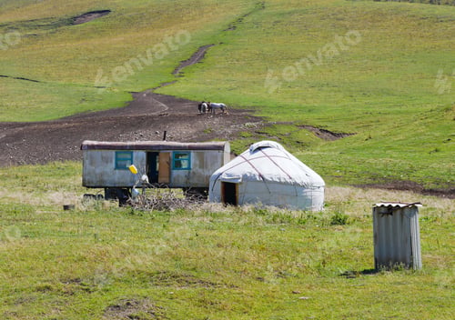 Preview: Yurt in the rural areas of Kyrgyzstan with the cattle in the background